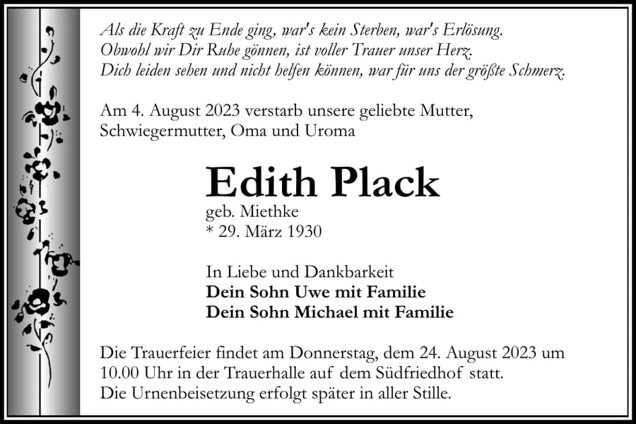 Traueranzeige Edith Plack, geb. Miethke