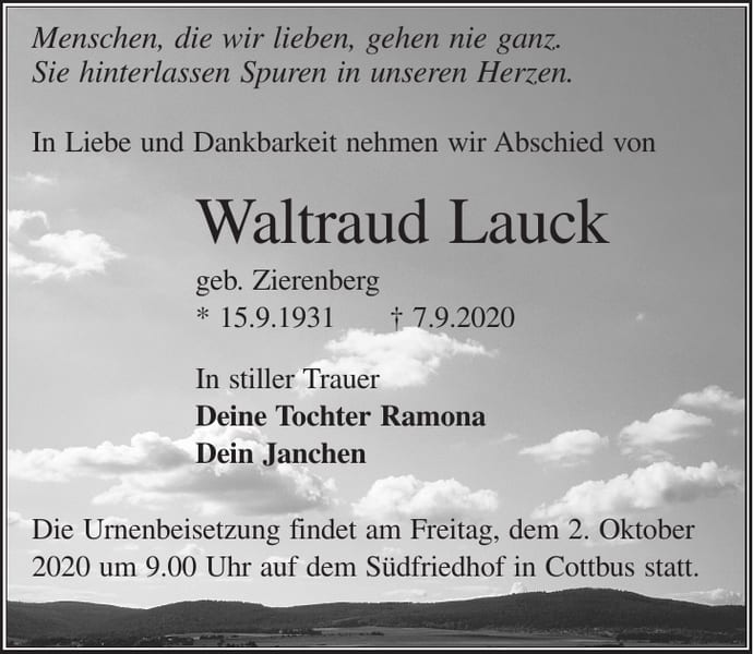Traueranzeige Waltraud Lauck, geb. Zierenberg