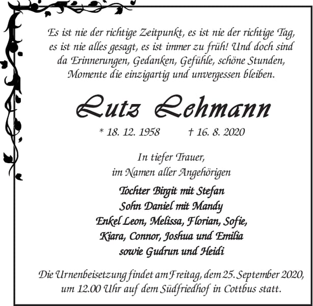 Traueranzeige Lutz Lehmann