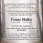 Traueranzeige Franz Halko