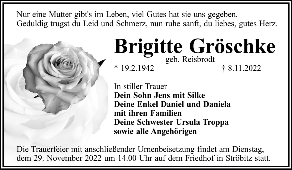Traueranzeige Brigitte Gröschke, geb. Reisbrodt