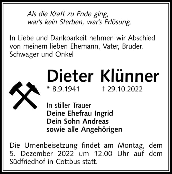 Traueranzeige Dieter Klünner