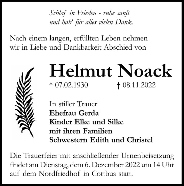 Traueranzeige Helmut Noack