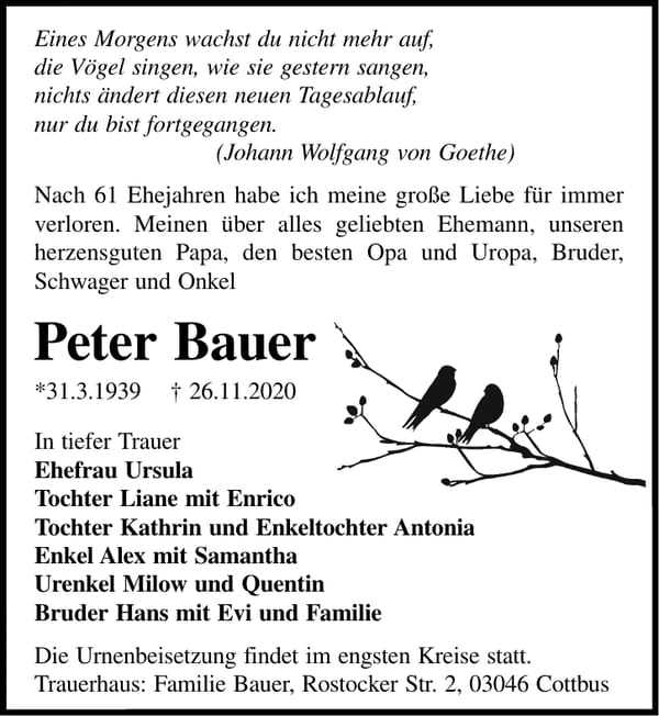 Traueranzeige Peter Bauer