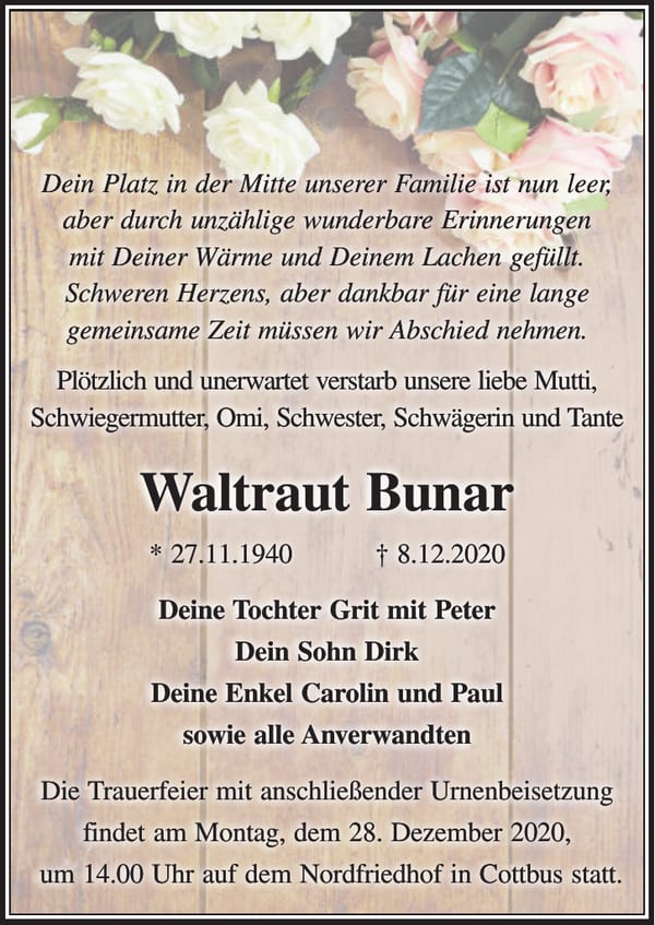 Traueranzeige Waltraut Bunar