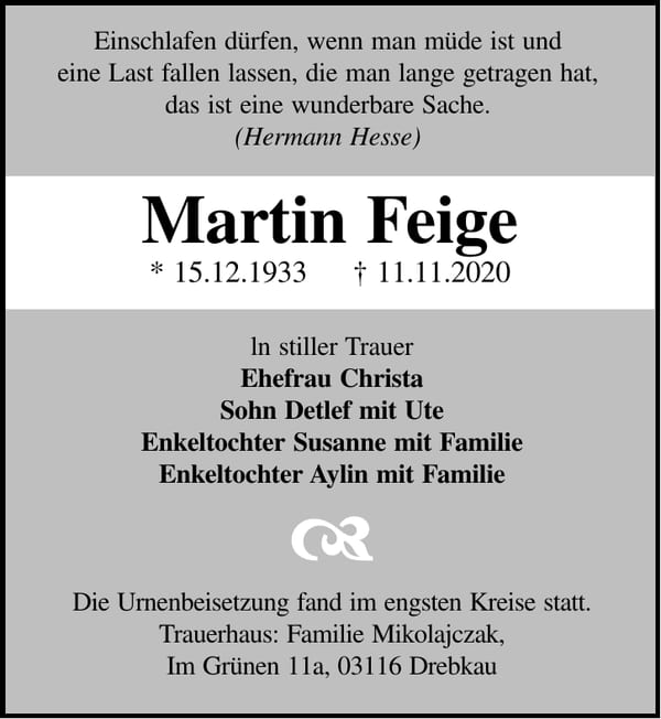 Traueranzeige Martin Feige