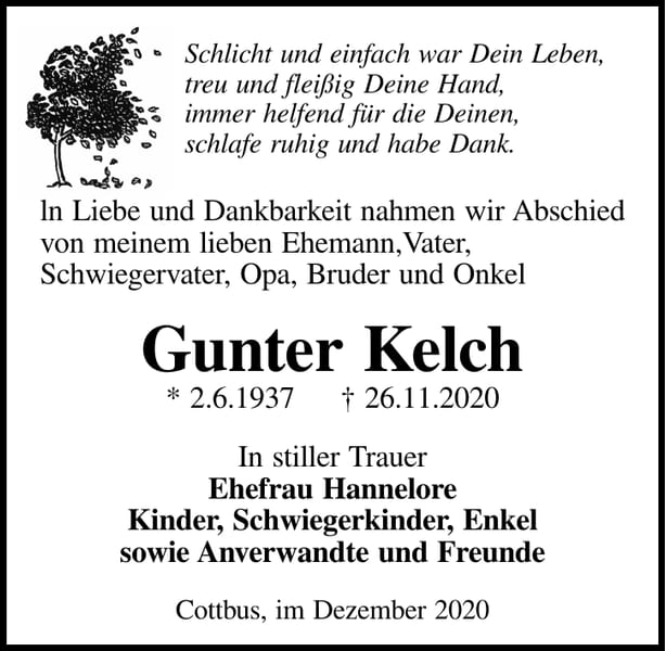 Traueranzeige Gunter Kelch