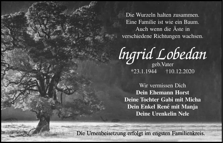 Traueranzeige Ingrid Lobedan