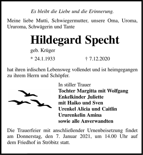 Traueranzeige Hildegard Specht, geb. Krüger