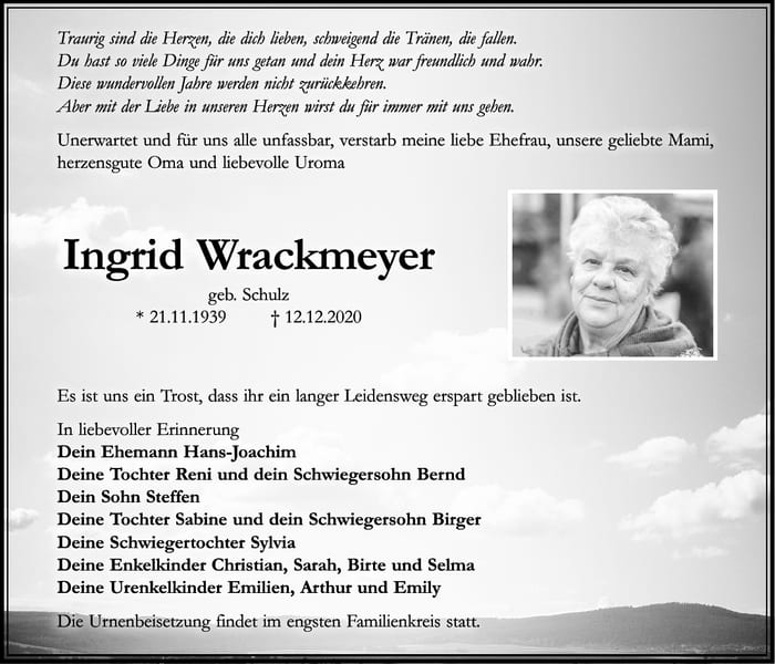 Traueranzeige Ingrid Wrackmeyer, geb. Schulz