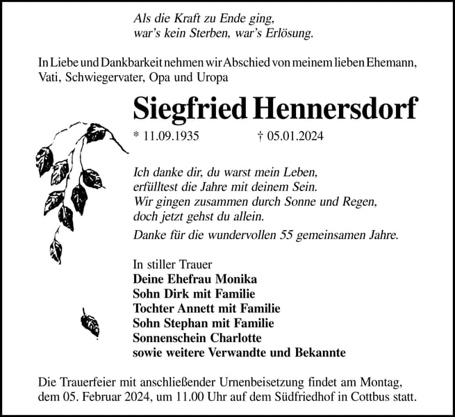 Traueranzeige Siegfried Hennersdorf