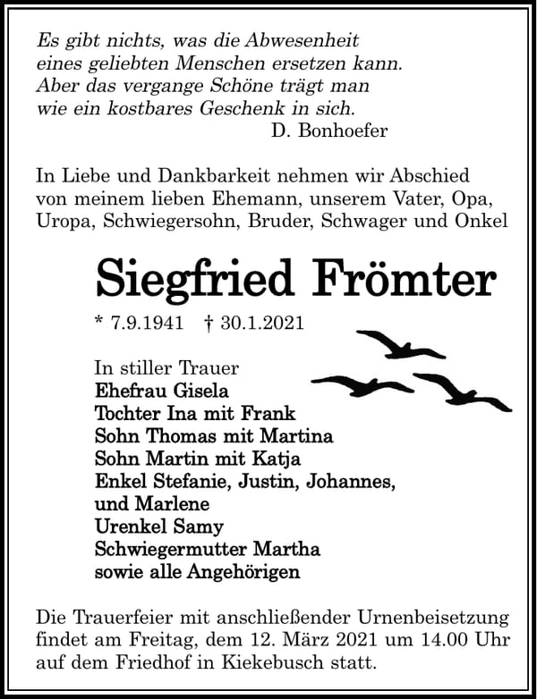 Traueranzeige Siegfried Frömter