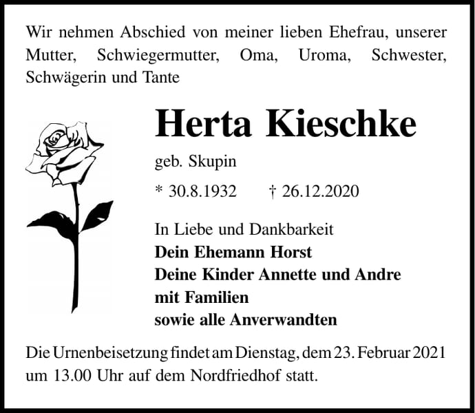 Traueranzeige Herta Kieschke, geb. Skupin