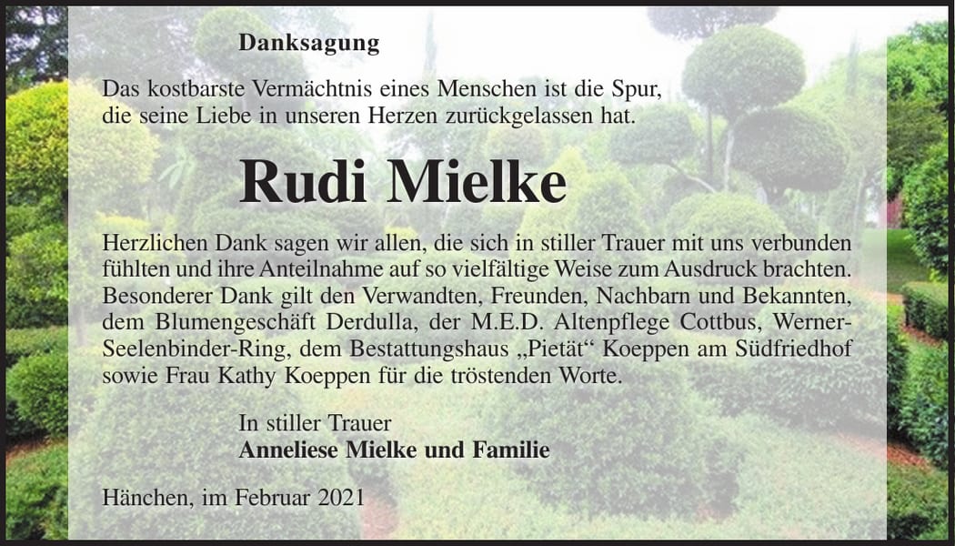 Danksagung Rudi Mielke
