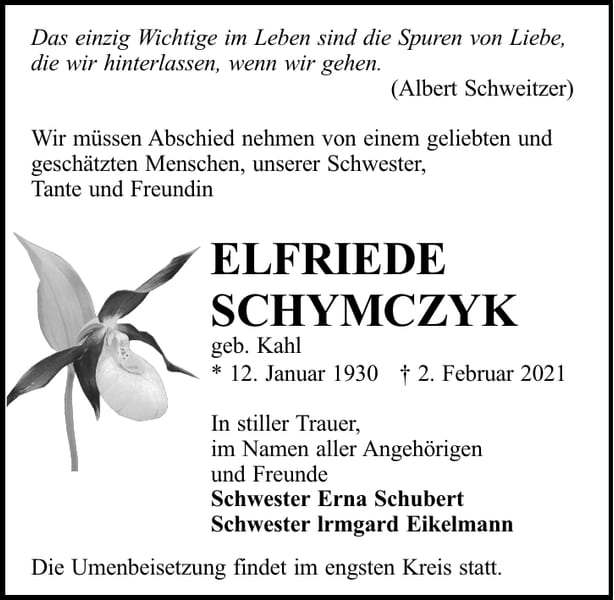 Traueranzeige Elfriede Schymczyk, geb. Kahl
