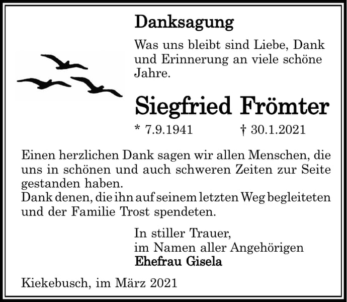 Danksagung Siegfried Frömter