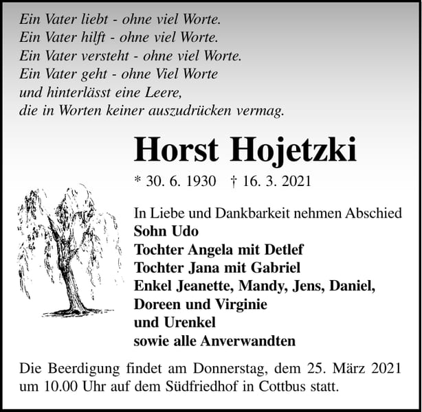 Traueranzeige Horst Hojetzki