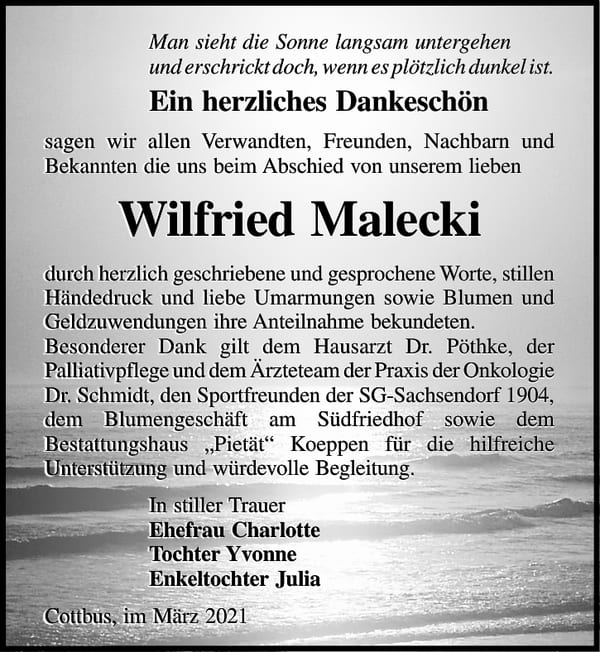 Danksagung Wilfried Malecki