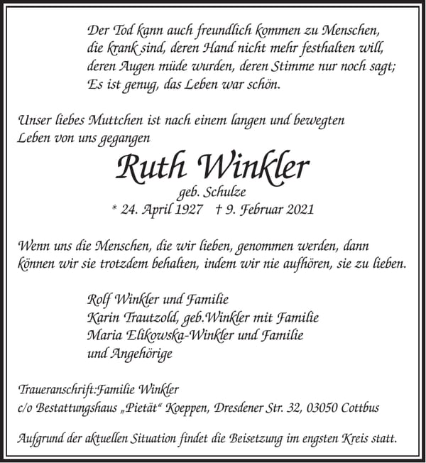 Traueranzeige Ruth Winkler, geb. Schulze