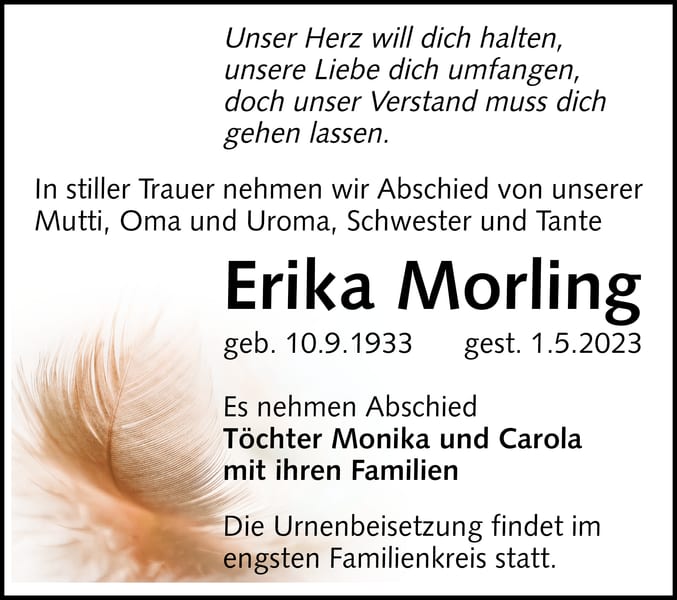 Traueranzeige Erika Morling