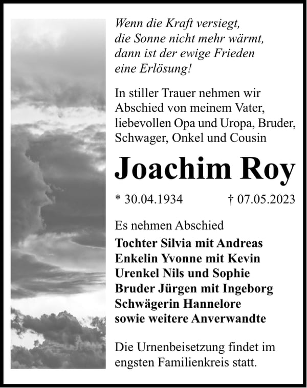 Traueranzeige Joachim Roy