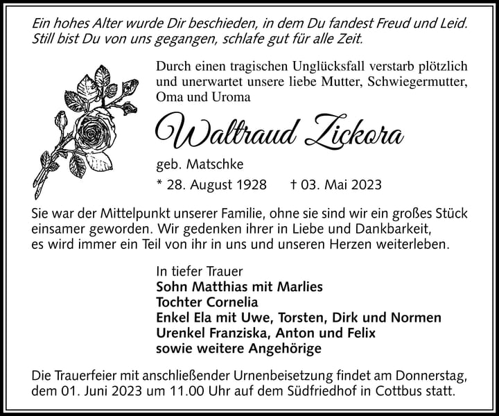 Traueranzeige Waltraud Zickora, geb. Matschke
