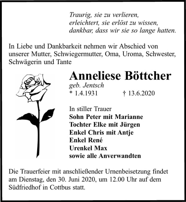 Traueranzeige Anneliese Böttcher, geb. Jentsch