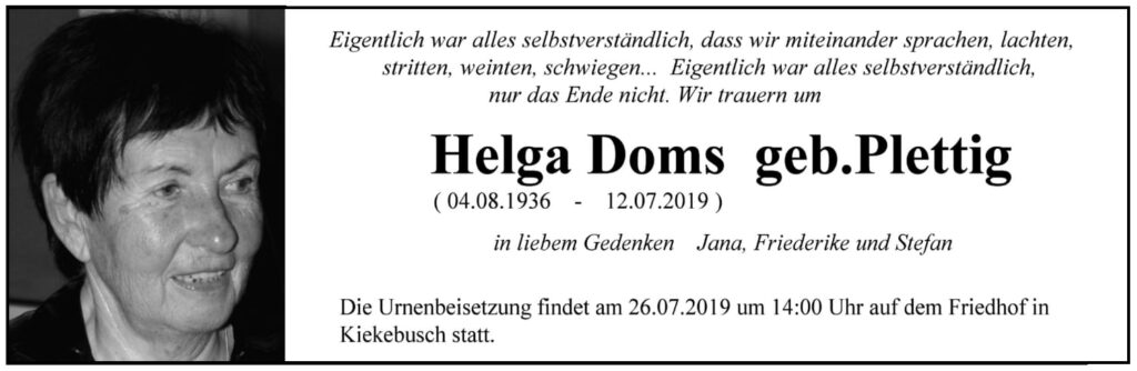 Traueranzeige Helga Doms, geb. Plettig