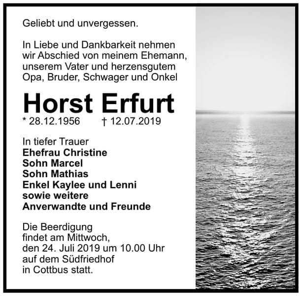 Traueranzeige Horst Erfurt