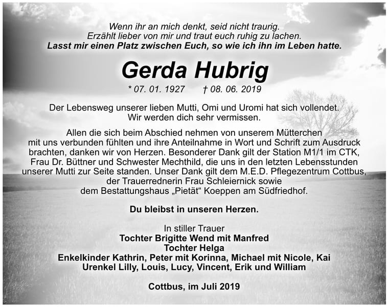 Traueranzeige Gerda Hubrig