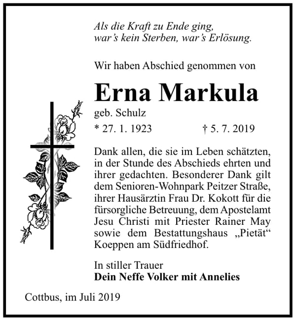 Traueranzeige Erna Markula, geb. Schulz