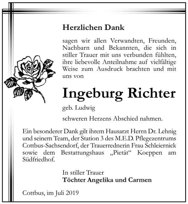 Traueranzeige Ingeburg Richter, geb. Ludwig