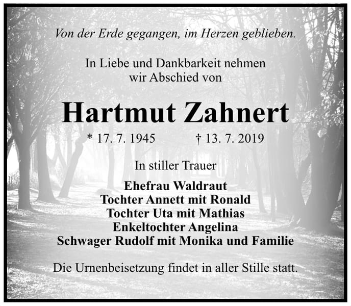 Traueranzeige Hartmut Zahnert