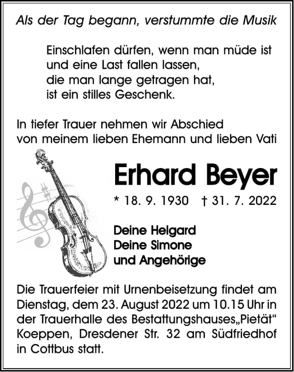 Traueranzeige Erhard Beyer