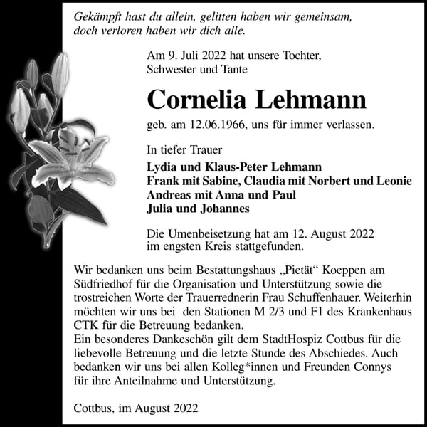 Traueranzeige Cornelia Lehmann