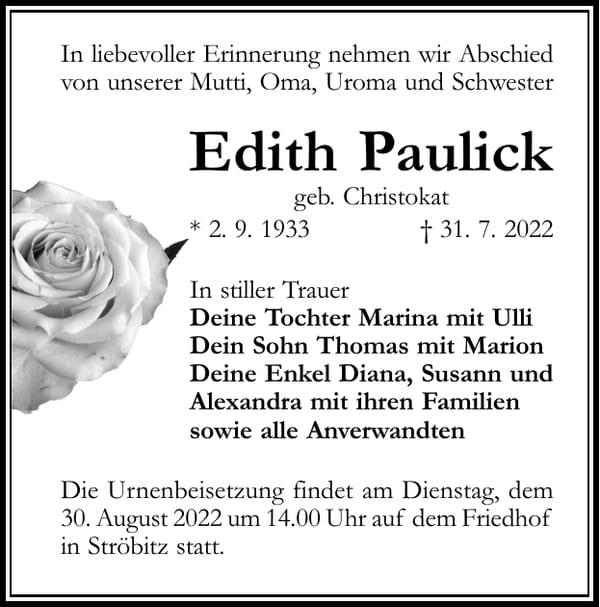 Traueranzeige Edith Paulick, geb. Christokat