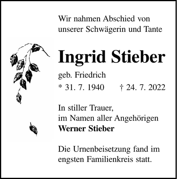 Traueranzeige Ingrid Stieber, geb. Friedrich