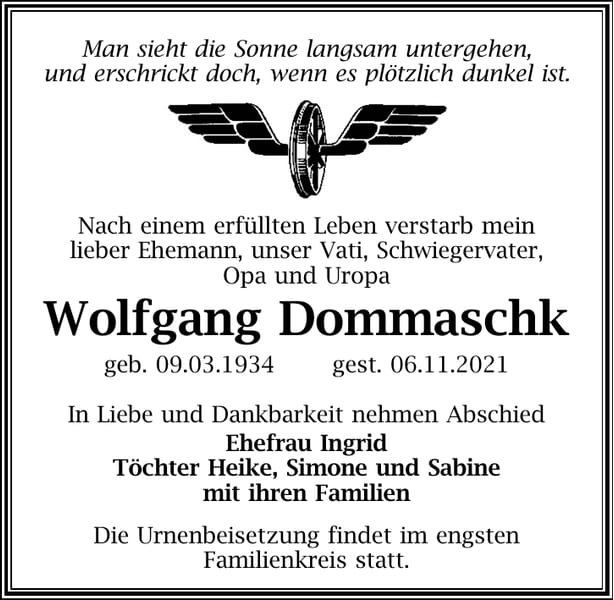 Traueranzeige Wolfgang Dommaschk