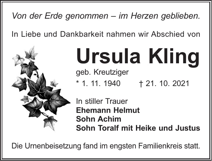 Traueranzeige Ursula Kling, geb. Kreutziger