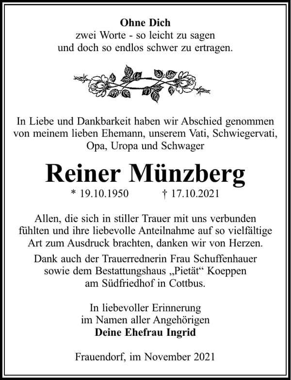 Traueranzeige Reiner Münzberg