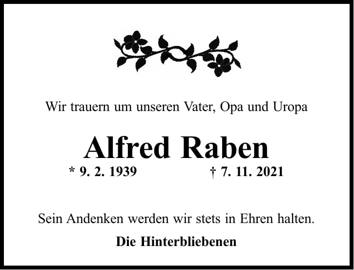 Traueranzeige Alfred Raben