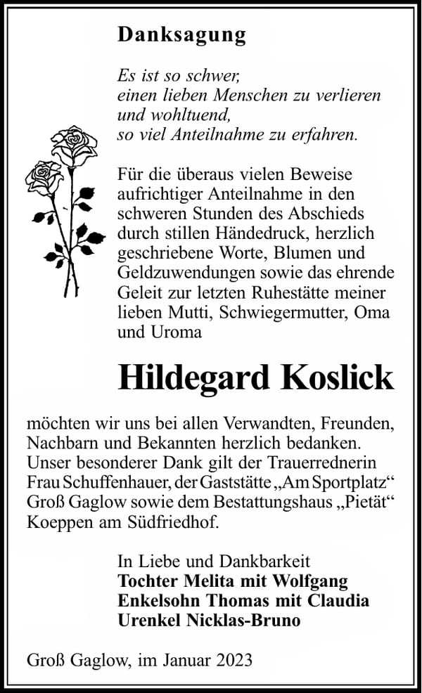 Danksagung Hildegard Koslick
