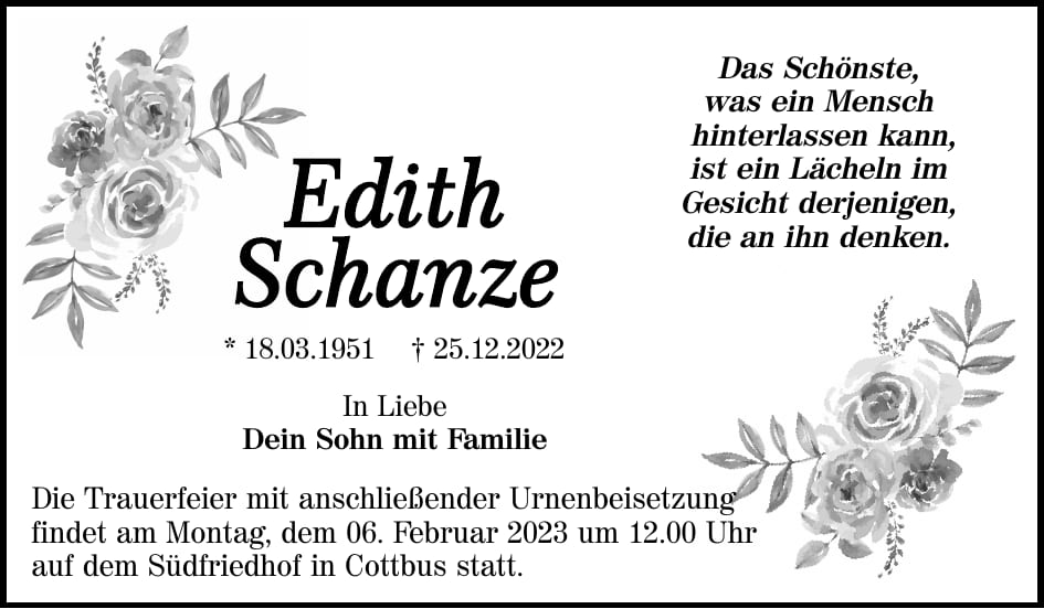 Traueranzeige Edith Schanze