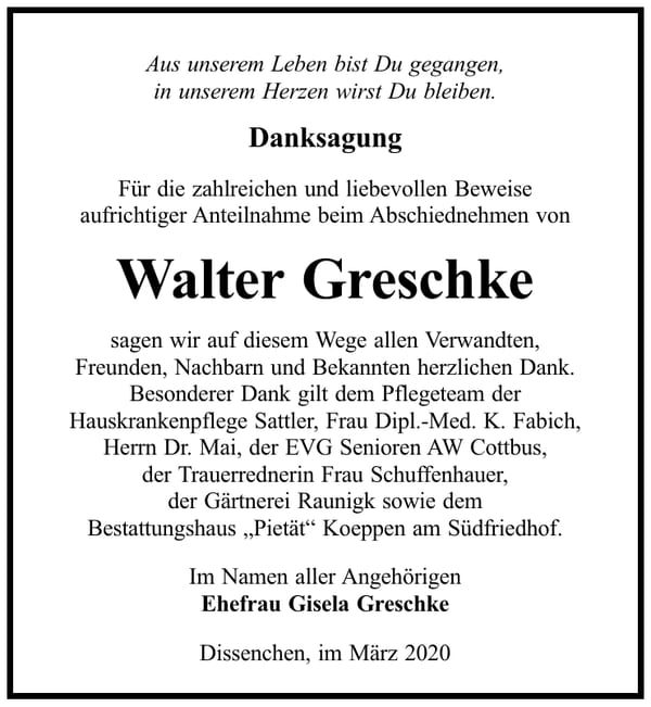 Danksagung Walter Greschke