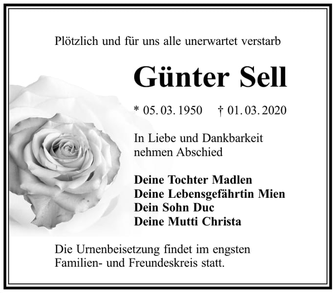 Traueranzeige Günter Sell