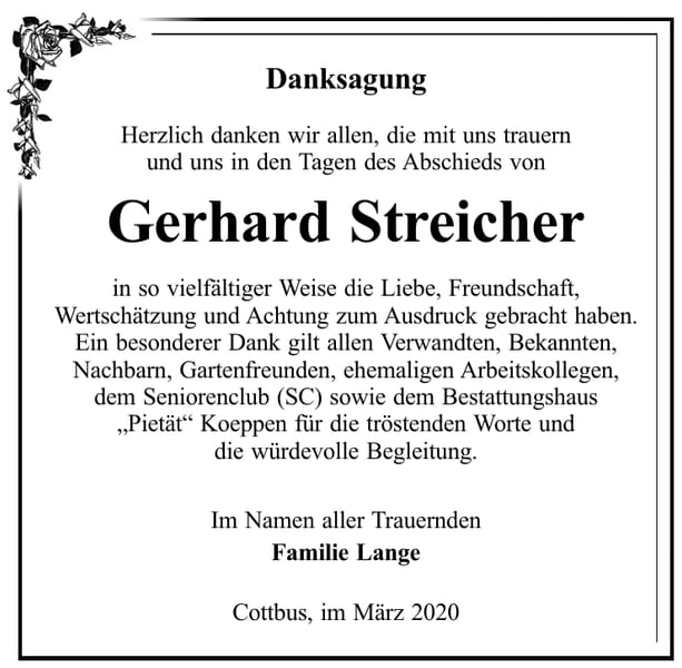 Danksagung Gerhard Streicher