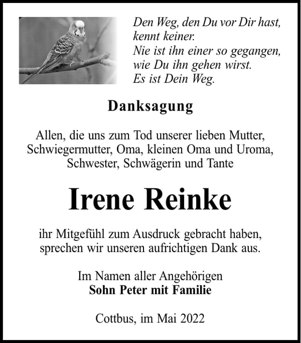 Danksagung Irene Reinke