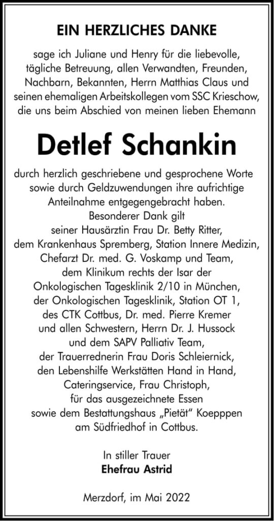 Danksagung Detlef Schankin