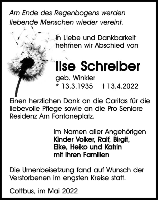Traueranzeige Ilse Schreiber, geb. Winkler