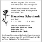 Traueranzeige Hannelore Schuchardt, geb. Koal